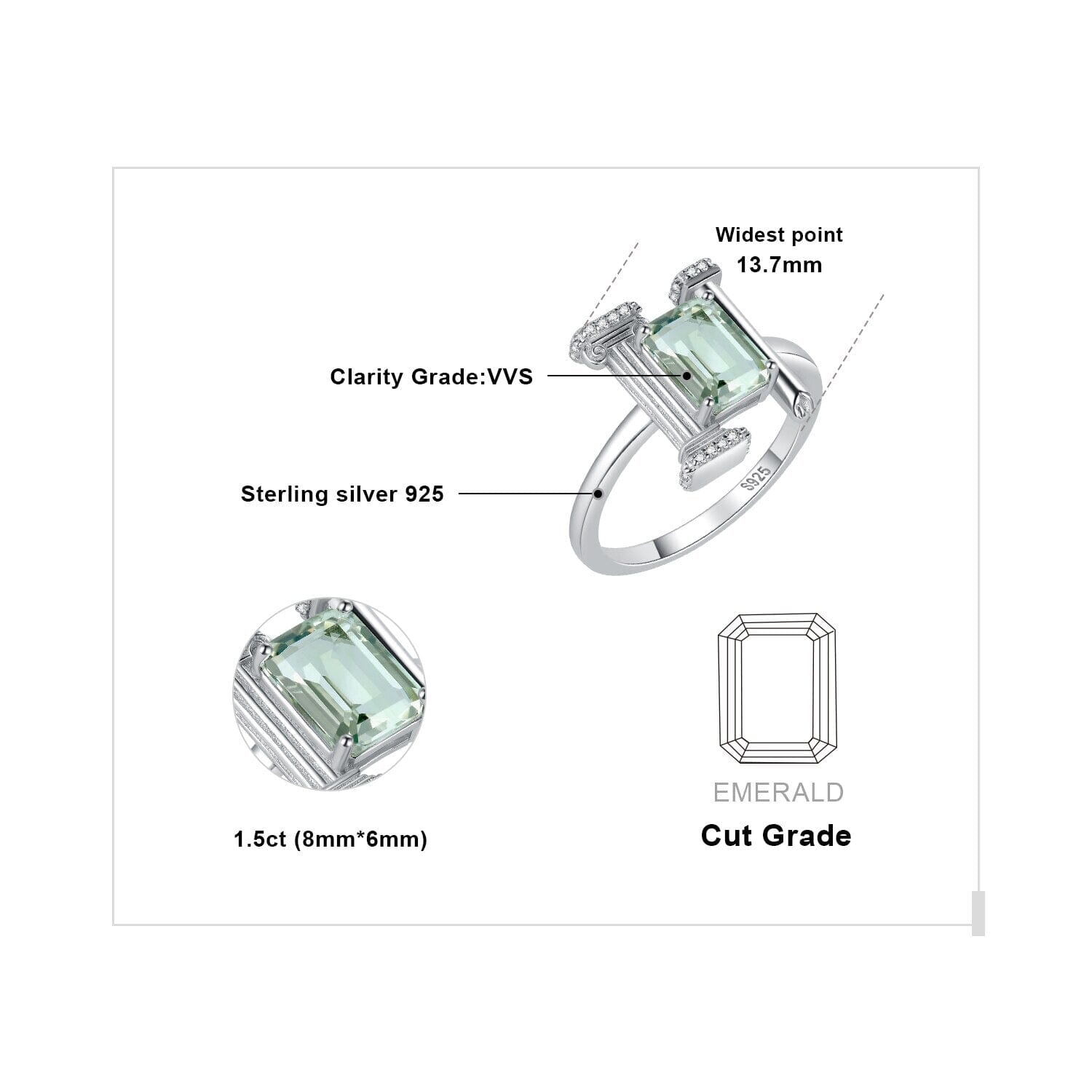 Roman Column 1.5ct Natural Green Amethyst Ring - 925 Sterling SilverRing