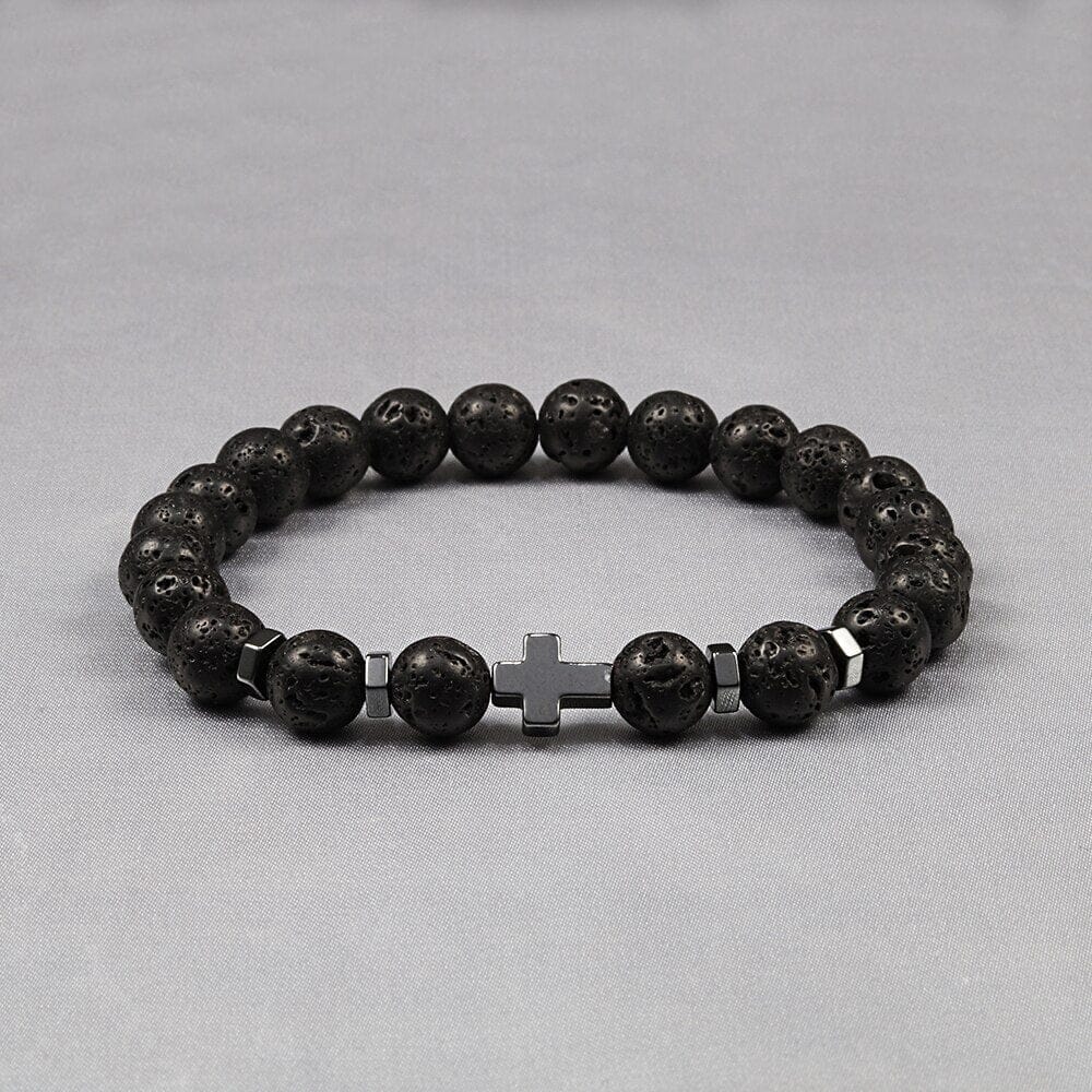 WWJD Energy Tiger Eye Stone Black Lava Cross Beads BraceletBraceletBlack Lava ElasticChina