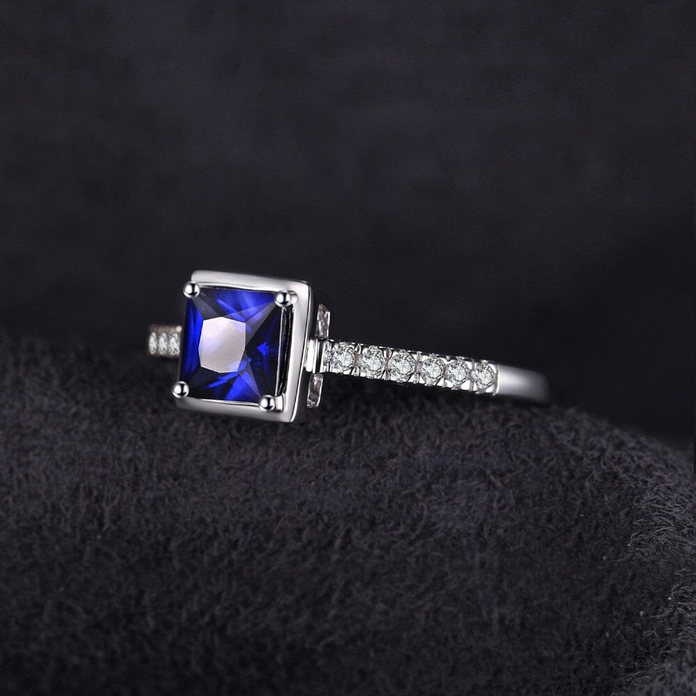 Square Created Blue Sapphire Solitaire Ring - 925 Sterling SilverRing