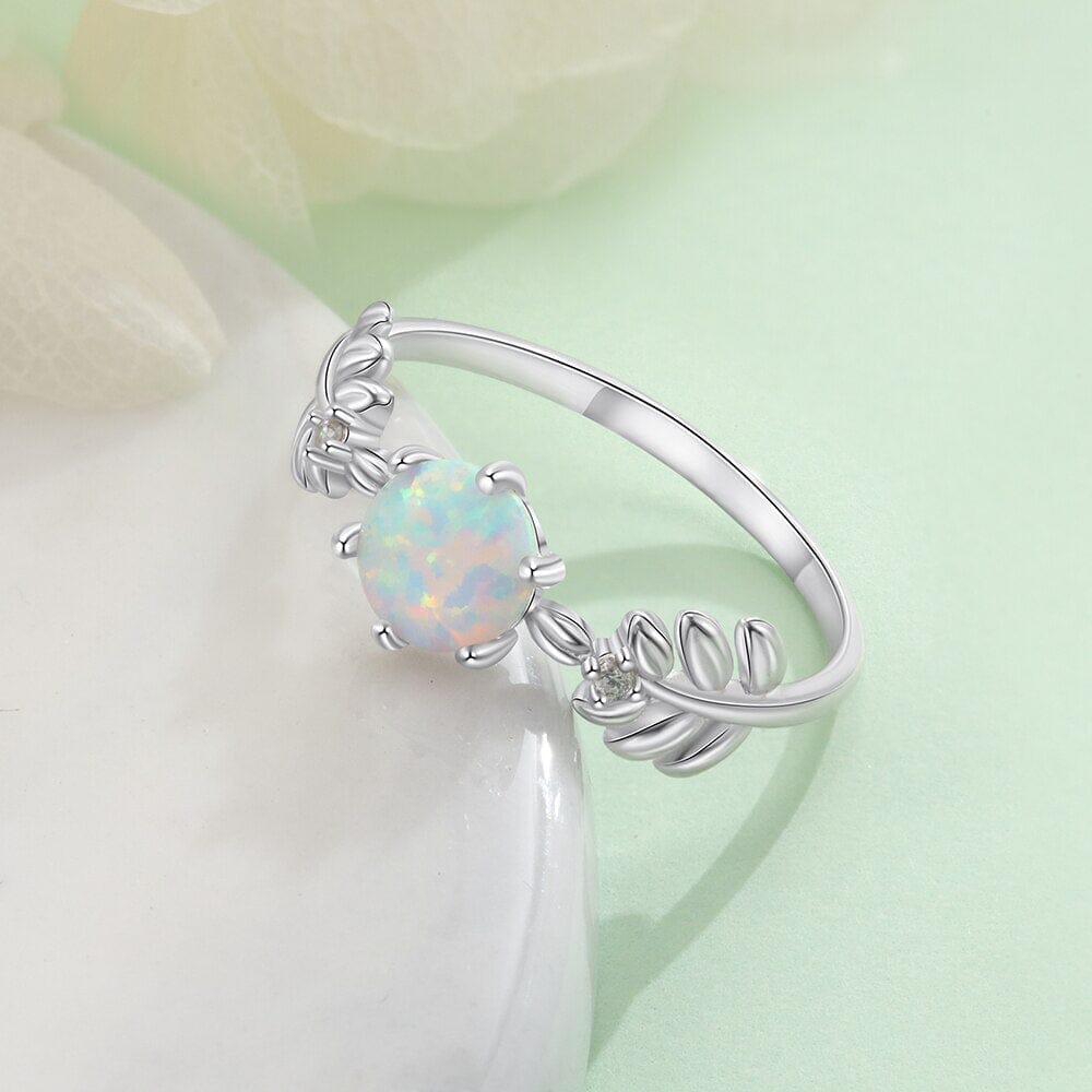 Cute Branch Leaf White Opal Ring - 925 Sterling Silver