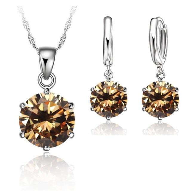 Crystal Earrings & Pendant Necklace - 925 Sterling SilverJewelry SetChampagne