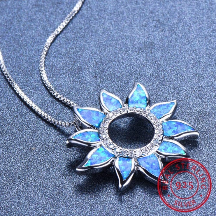 Cute Sunflower White/Blue Fire Opal Necklace - S925 Sterling SilverNecklace