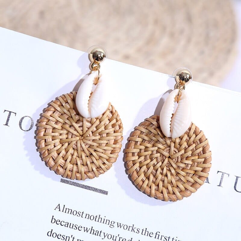 Korean Style Fashion Handmade Natural Puka Shell Rattan Drop EarringsEarrings