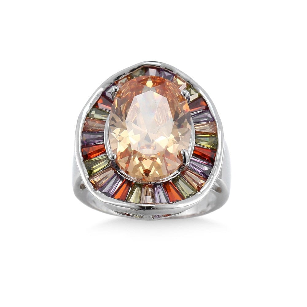 New Statement Big Colorful Champagne CZ Morganite Ring - 925 Sterling SilverRing