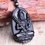 Black Obsidian Carved Buddha Lucky Amulet Pendant NecklaceNecklacexu kong zang