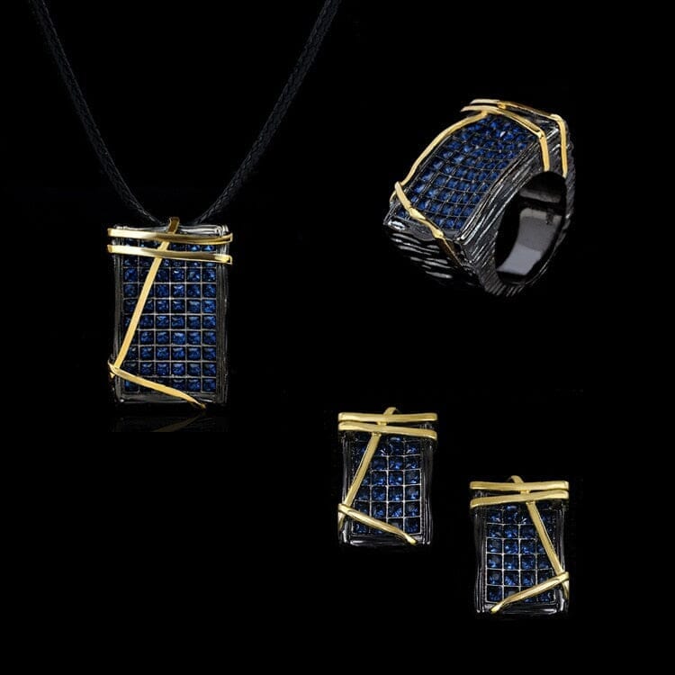 Blue Full Diamond Black Gold Jewelry SetRing6