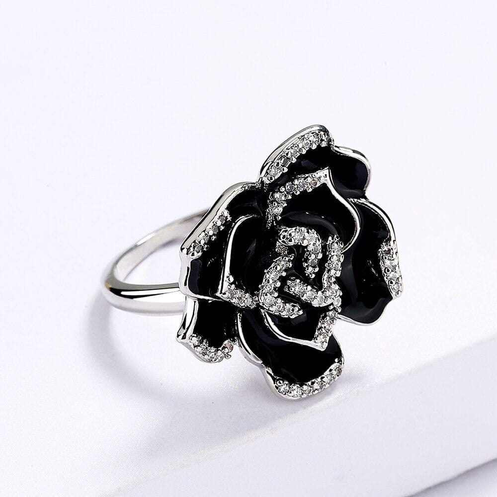 Elegant Unique Black Enamel Flower Ring - 925 Sterling SilverRing