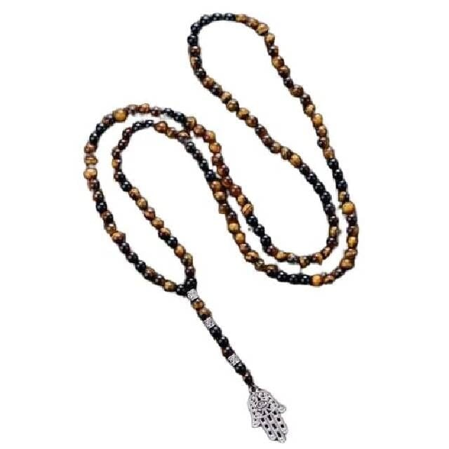 Tiger Eye & Onyx Beads with Hamsa / Fatima Hand Necklace for MenNecklace