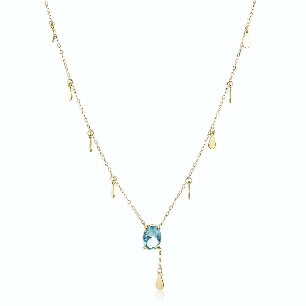 Spring Aquamarine Blue Oval Long Chain NecklaceGold45cm