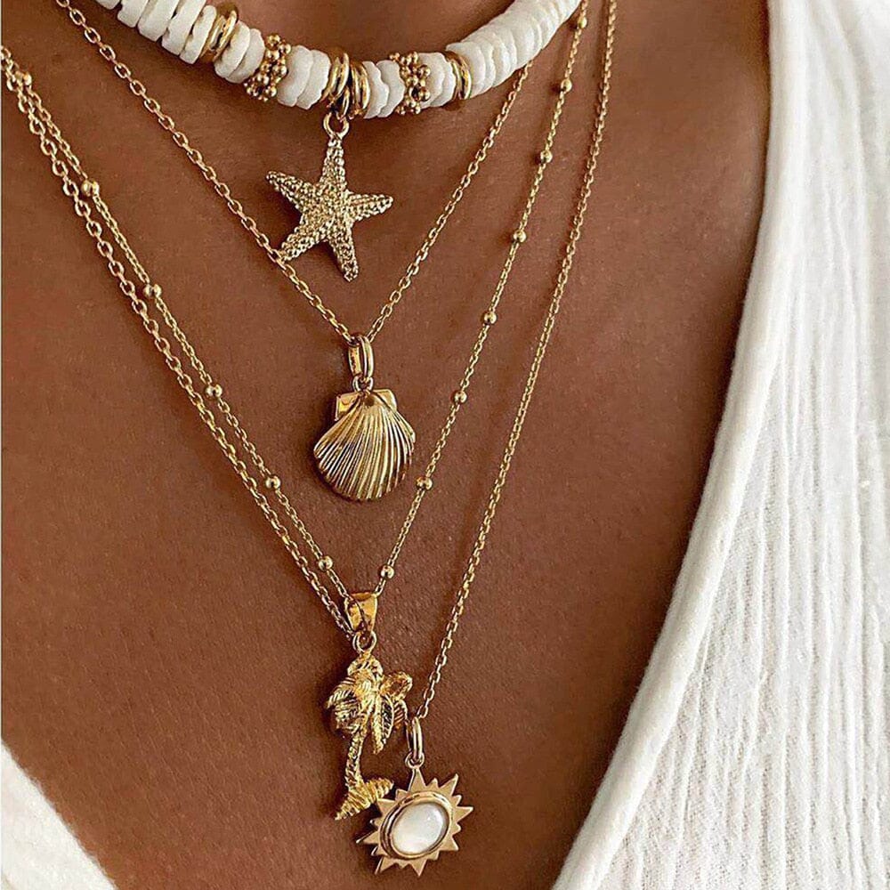 Soft Ceramic Starfish Puka Shell Pendant Multilayer NecklaceNecklace1