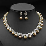 Gorgeous Cubic Zirconia Stone Big Pearl Choker Necklace Earrings SetGold-color