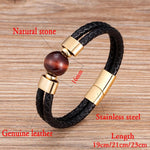 Classic Double Genuine Natural Round Tiger Eye Stone Leather BraceletBracelet