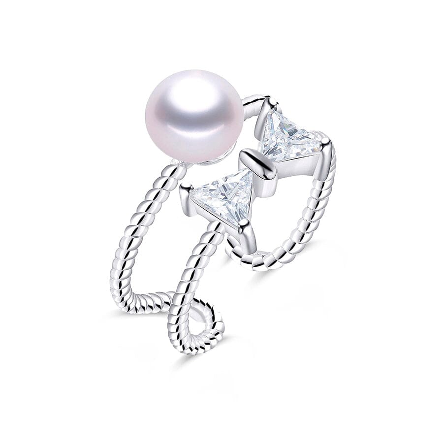 Freshwater Pearl With Bow Tie Design Silver Resizable RingRingwhite