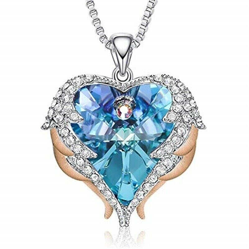 Angel Wings Heart Swarovski Crystal PendantNecklaceGold Blue
