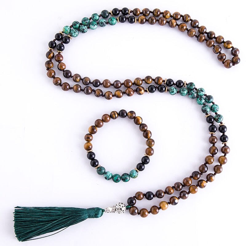 Tiger Eye and African Black Onyx Japamala Bracelet and Necklace SetJewelry SetKnotted Set