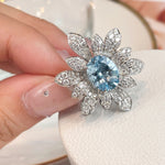 Cute Romantic Sea Blue Aquamarine Flower Ring