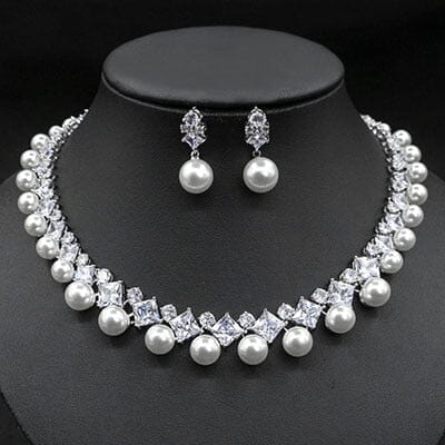 Gorgeous Cubic Zirconia Stone Big Pearl Choker Necklace Earrings SetPlatinum Plated