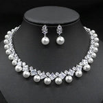 Gorgeous Cubic Zirconia Stone Big Pearl Choker Necklace Earrings SetPlatinum Plated