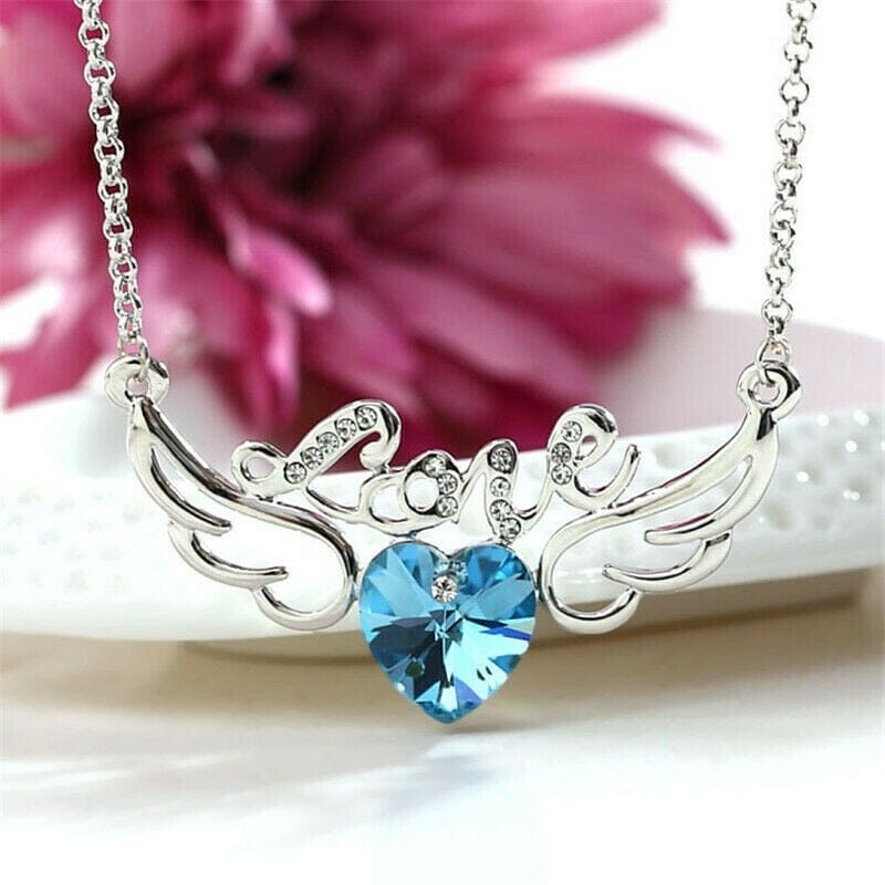 Angel Wings Aquamarine Crystal Pendant Necklace