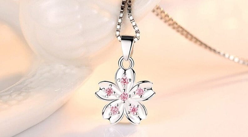 Rhinestone Pink Flower Pendant Silver NecklaceNecklace