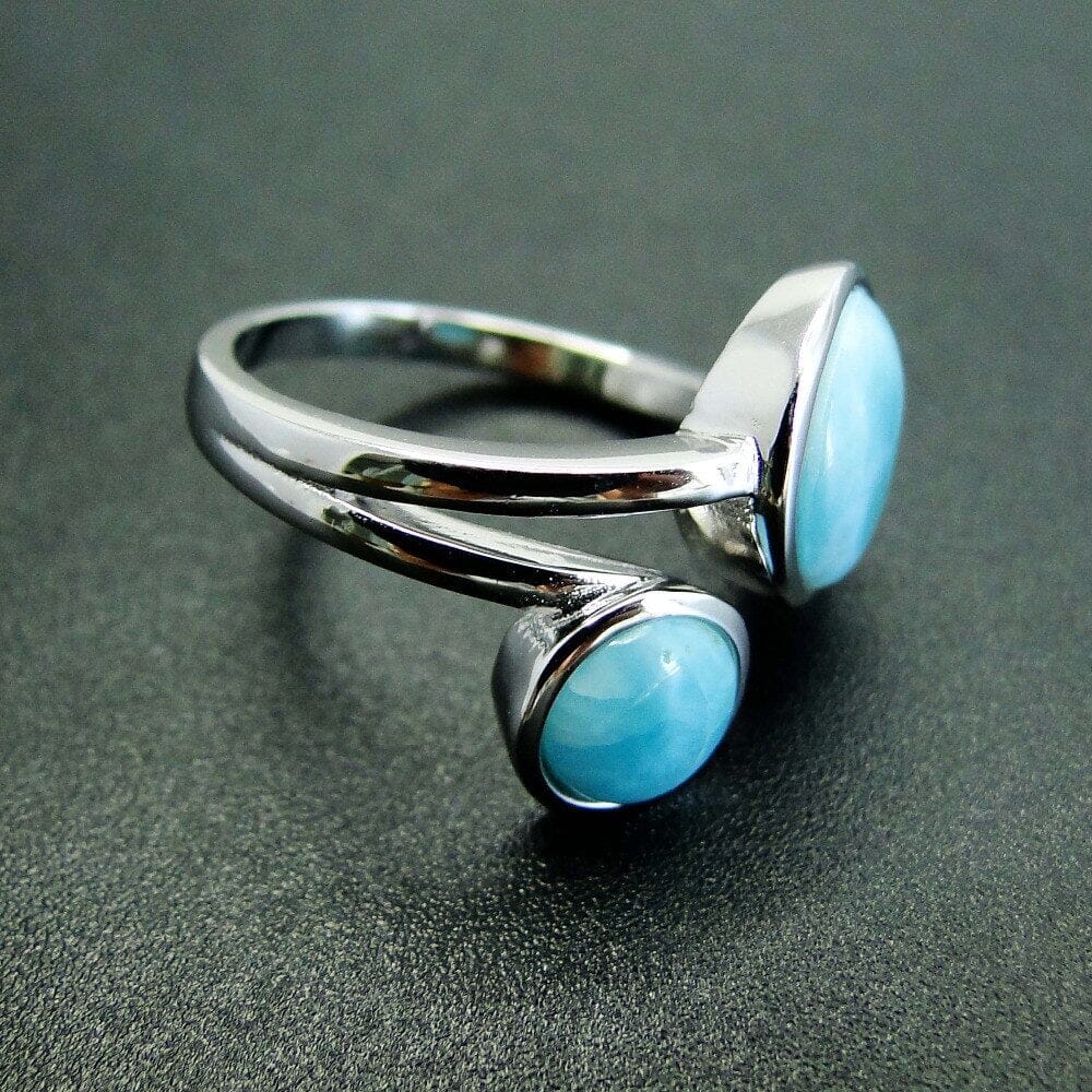 Round Natural Larimar Ring - 925 Sterling SilverRing