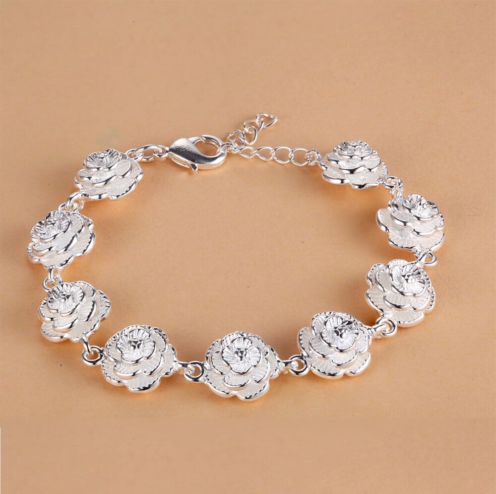 Full Rose Flower Chain Silver BraceletBracelet