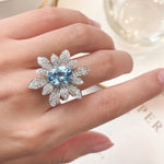Cute Romantic Sea Blue Aquamarine Flower Ring