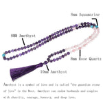 8MM Natural Amethyst Rose Quartz Mala Tassel Pendant Necklace and BraceletJewelry Set