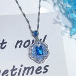 Luxury Princess Square Aquamarine Stone Blue Crystal Pendant Necklace