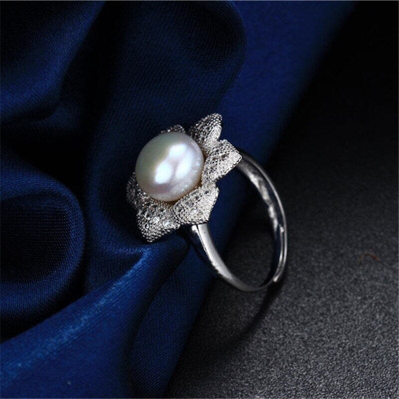 Cultured Pearl Diamond Resizable Silver RingRing