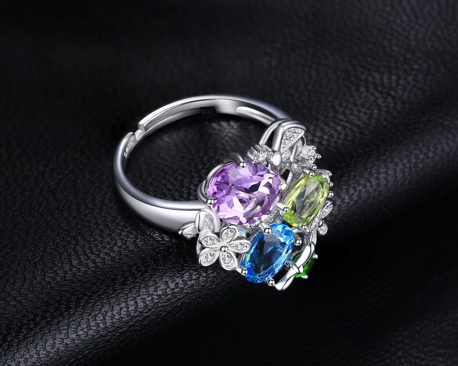 Flower Natural Amethyst Blue Topaz Peridot Chrome Diopside Open Adjustable Cocktail Ring-925 Sterling Silver WomenRing