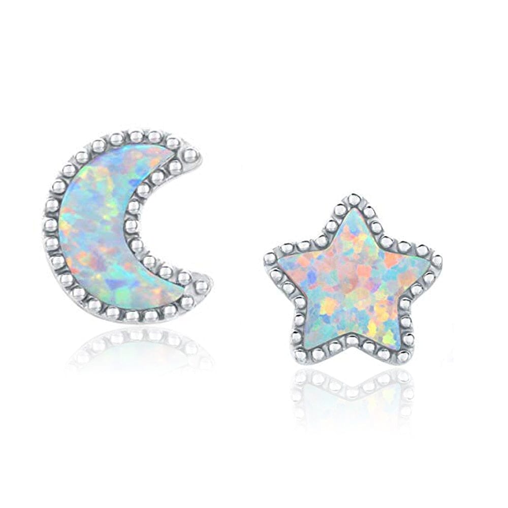 Moon & Star White Fire Opal Stud EarringsEarringsSilver Color