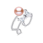 Freshwater Pearl With Bow Tie Design Silver Resizable RingRingpink