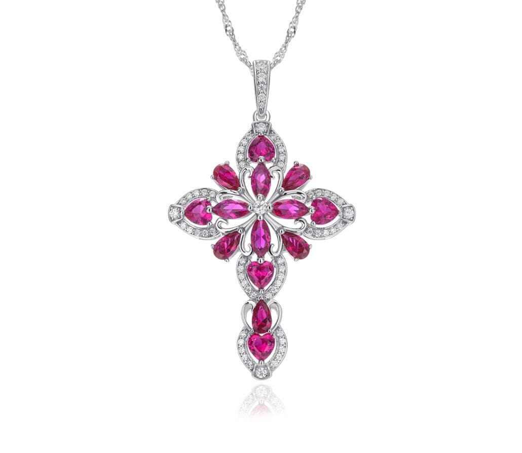 Big Cross Ruby and Tanzanite 925 Sterling Silver Pendant NecklaceNecklaceRuby