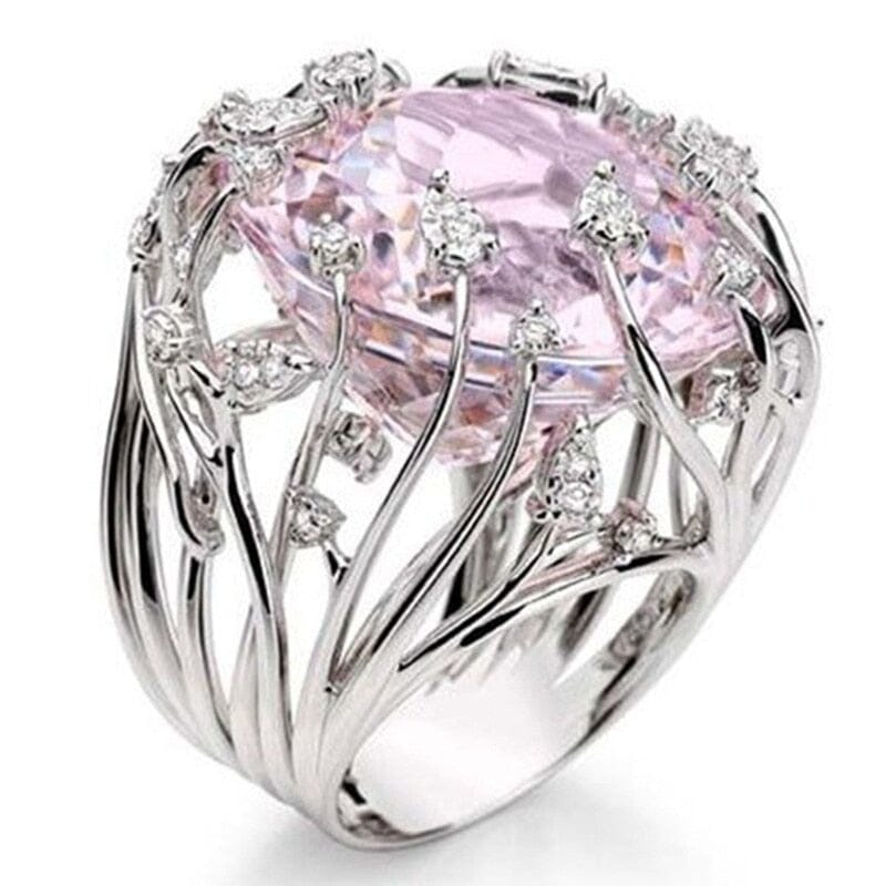 Inlaid Pink Crystal Exaggerated Silver RingRing6