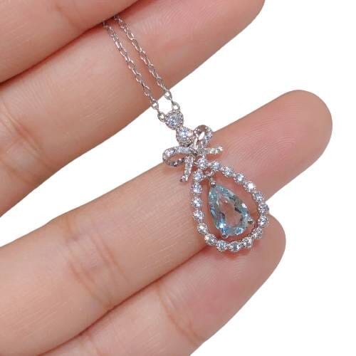 Pretty Bowknot Pear Blue Aquamarine Necklace