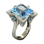 Bridal Big Square Aquamarine Crystal Wedding Ring6Blue