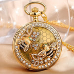 Crystal Diamond Bee Flowers Quartz Pocket Watch NecklaceNecklace