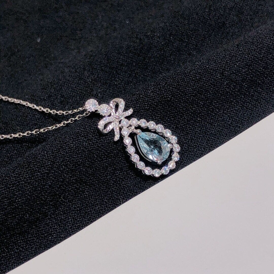 Pretty Bowknot Pear Blue Aquamarine Necklace