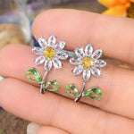 Daisy with Green Leaf Flower Diamond EarringsEarrings