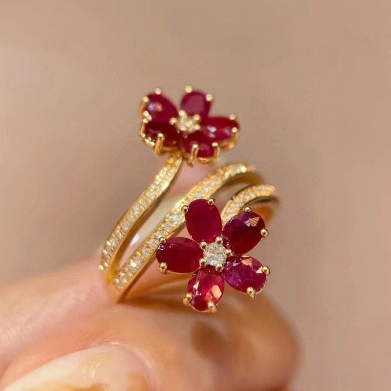 Vintage Delicate Floral Ruby Ring 925 Stamp Temperament Inlaid Full Of Diamond OpeningRuby
