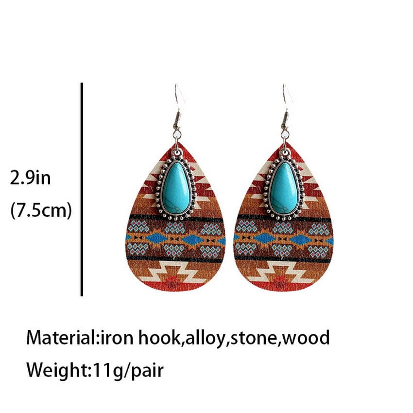 Aztec Pattern Wood Turquoise Teardrop Boho EarringsEarrings