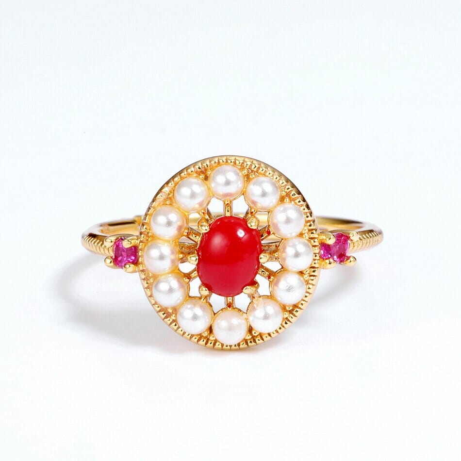 Classic Round Red Coral and Pearl Gold Plated Resizable Ring - 925 Sterling SilverRing