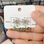 Daisy with Green Leaf Flower Diamond EarringsEarrings