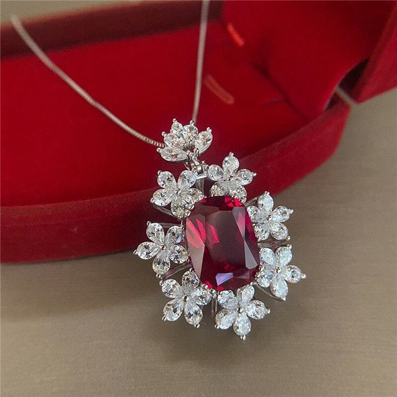 Flower Shape Square Cut Ruby Pendant NecklaceNecklace