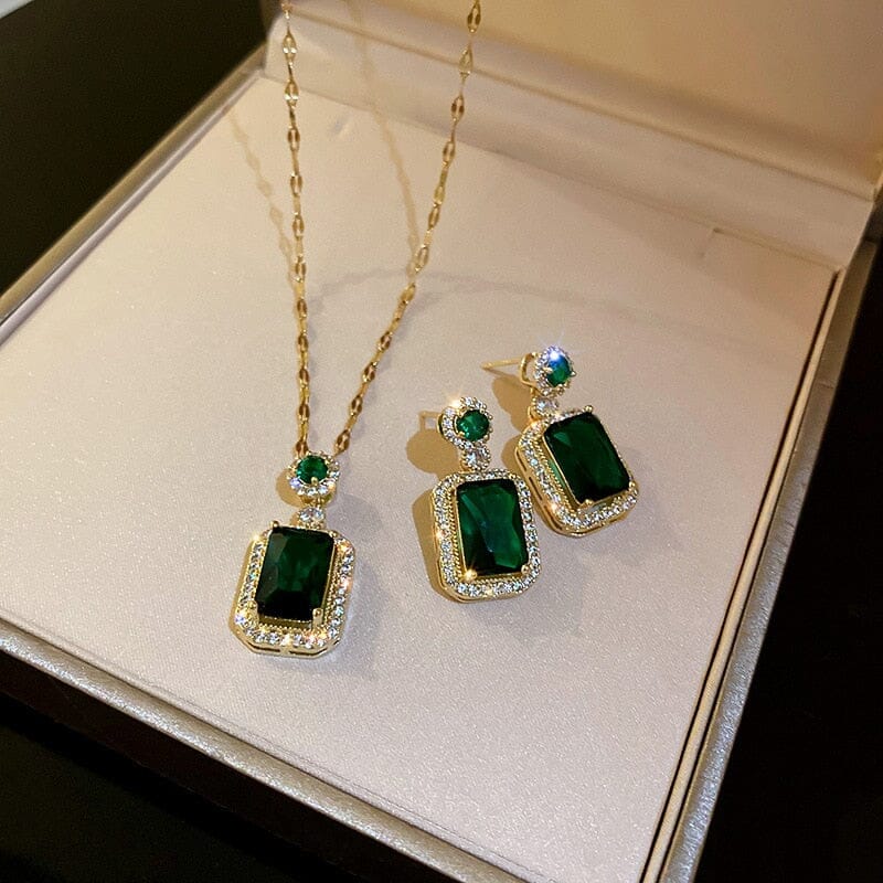 Exquisite Emerald Geometric Earring and Necklace SetJewelry Set
