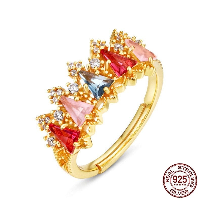 Multicolor Triangle Crystal Gold Plated Resizable Crown Ring - 925 Sterling SilverRing
