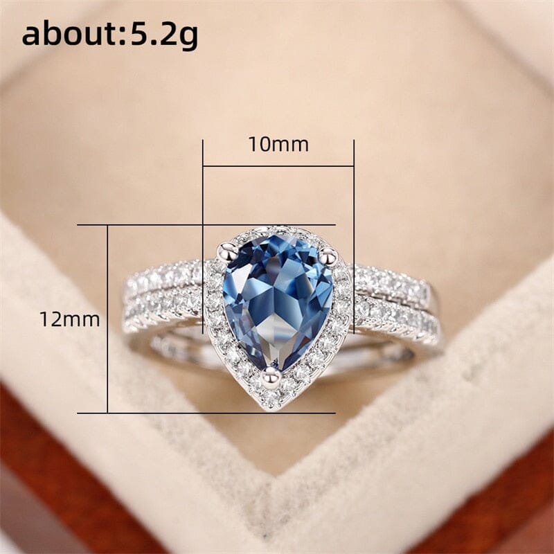 Gorgeous 2Pcs/Set Blue Aquamarine Water Drop Cubic Zirconia Ring