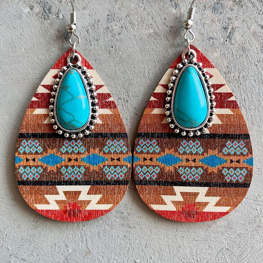 Aztec Pattern Wood Turquoise Teardrop Boho EarringsEarrings