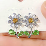 Daisy with Green Leaf Flower Diamond EarringsEarrings